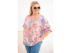 Dámská bavlněná halenka Plus Size s krátkým rukávem a květinovým vzorem tmavě růžová