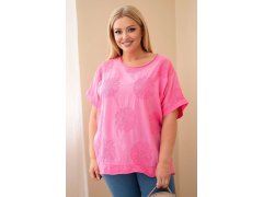 Dámská bavlněná halenka Plus size s vyšívanými květy růžová