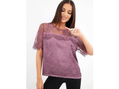 Dámská halenka saténová viskózová s krajkou a krátkým rukávem švestková