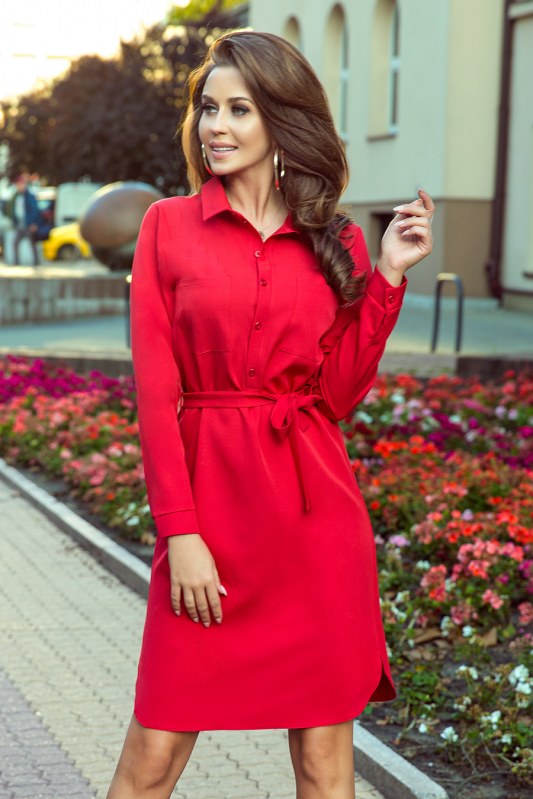 CAMILLE - Červené dámské košilové šaty se zavazováním 284-1 - Dámské oblečení košile a halenky