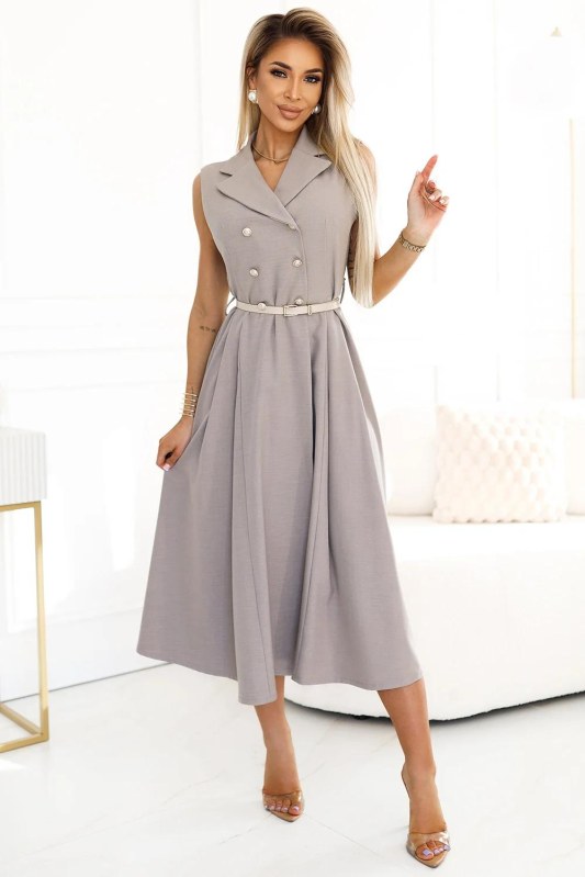 596-2 Elegantní midi košilka se zlatými knoflíky a páskem - GREY BEige