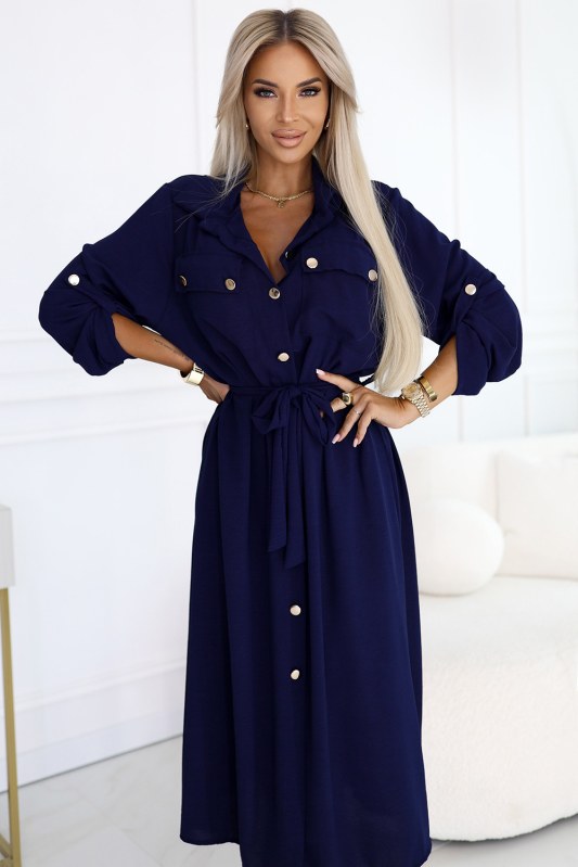 531-6 Midi košilka se zlatými knoflíky a&nbsp;vázáním - ZELENÁ - Dámské oblečení košile a&nbsp;halenky