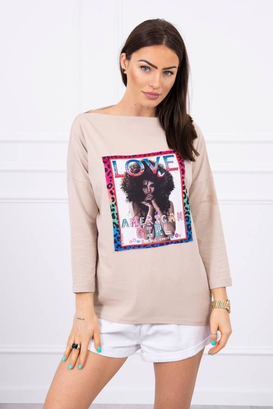 American Girl grafická halenka béžová S/M - L/XL - Dámské oblečení košile a halenky
