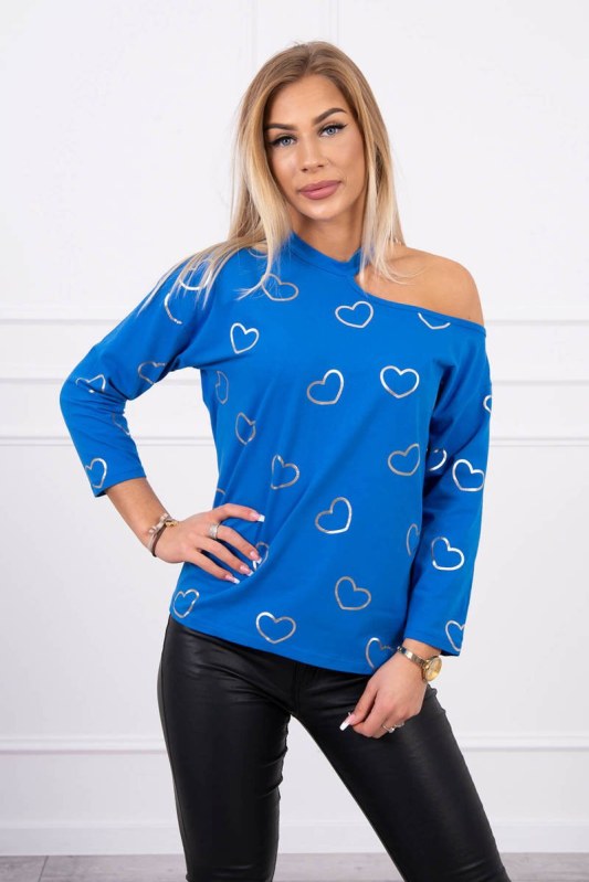 Chrpově modrá halenka s potiskem srdce - Dámské oblečení košile a halenky