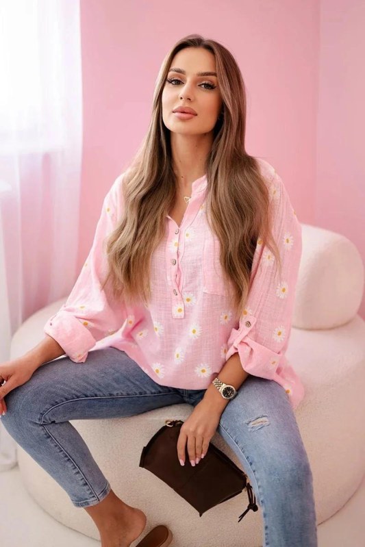 Lněná dámská halenka s&nbsp;květinovým vzorem, dlouhými rukávy a&nbsp;knoflíky Cukrová růžová - Dámské oblečení košile a&nbsp;halenky