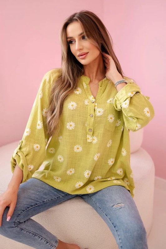 Lněná dámská halenka s květinovým vzorem, dlouhými rukávy a knoflíky kiwi