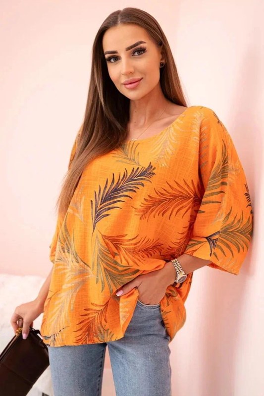 Dámská bavlněná halenka s&nbsp;lístky s&nbsp;ohrnovacími rukávy pomeranč - Dámské oblečení košile a&nbsp;halenky
