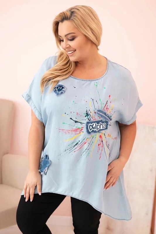 Dámská halenka Plus Size s&nbsp;nášivkami světlý denim - Dámské oblečení košile a&nbsp;halenky