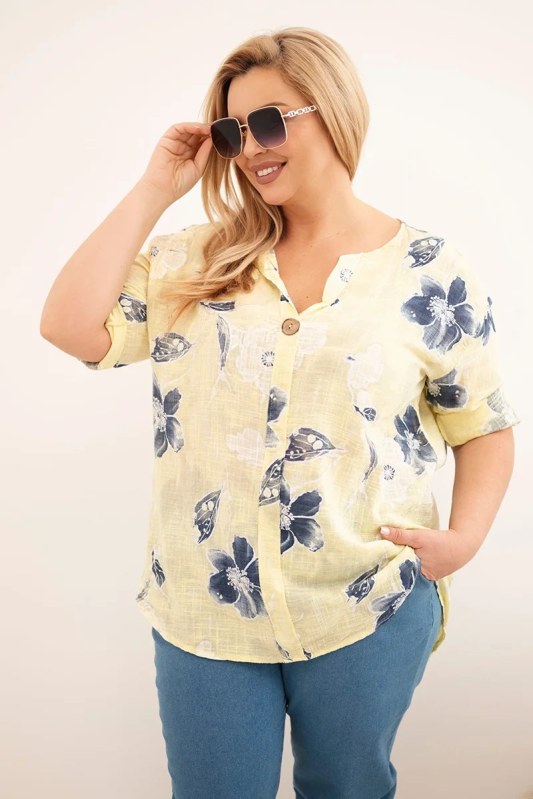 Dámská bavlněná halenka Plus Size s květinovým vzorem žlutá