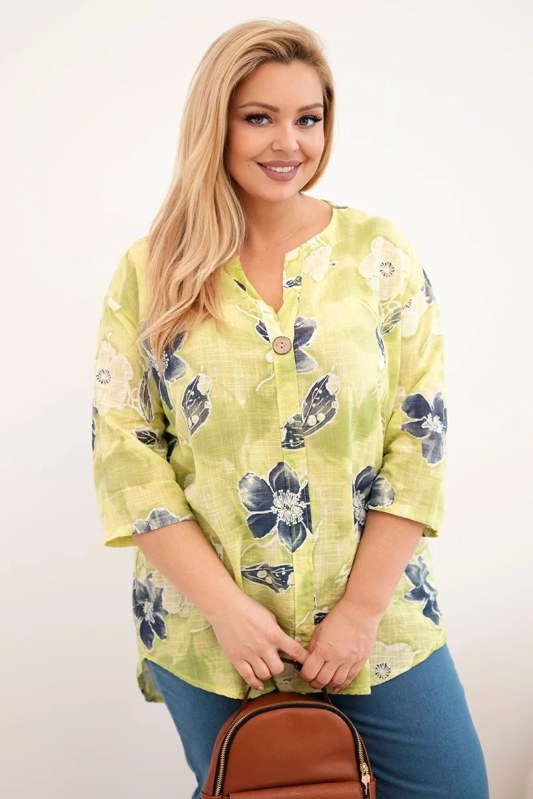 Dámská bavlněná halenka Plus Size s&nbsp;květinovým vzorem světle zelená - Dámské oblečení košile a&nbsp;halenky