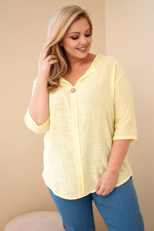 Dámská bavlněná halenka Plus Size s výstřihem na knoflíky žlutá