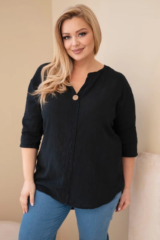 Dámská bavlněná halenka Plus Size s&nbsp;výstřihem na knoflíky černá - Dámské oblečení košile a&nbsp;halenky