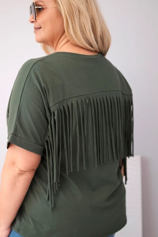 Dámská bavlněná halenka Plus Size s výstřihem do V a třásněmi na zádech khaki