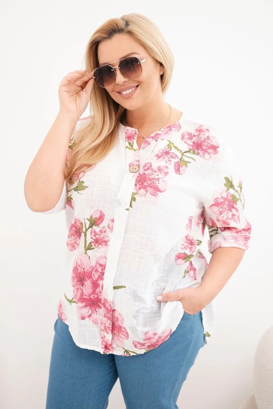 Dámská bavlněná halenka Plus Size s&nbsp;výstřihem do V s&nbsp;květinovým vzorem bílá - Dámské oblečení košile a&nbsp;halenky