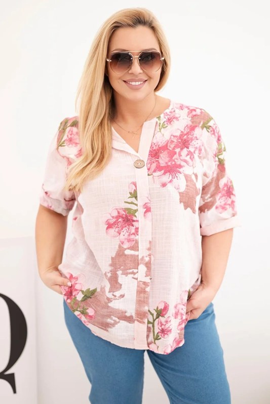 Dámská bavlněná halenka Plus Size s výstřihem do V a květinovým vzorem pudrově růžová