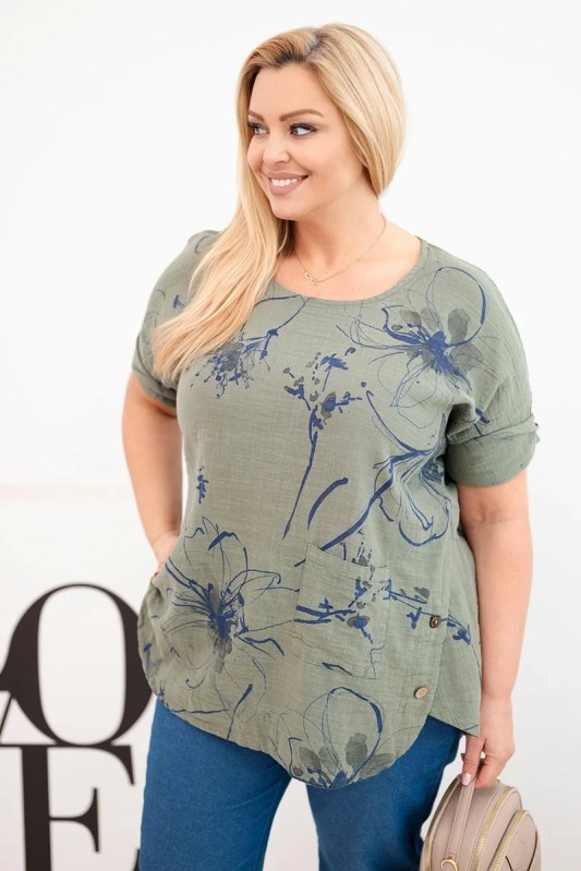 Dámská bavlněná halenka Plus Size s krátkým rukávem a kapsou khaki