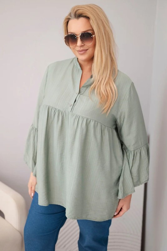 Dámská viskózová halenka Plus Size s volánovým rukávem a výstřihem do V khaki