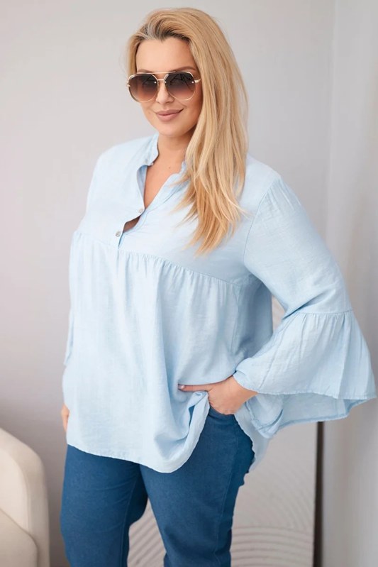 Dámská viskózová halenka Plus Size s volánovým rukávem a výstřihem do V modrá
