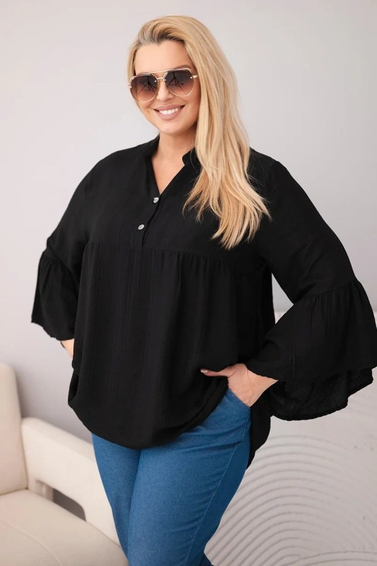 Dámská viskózová halenka Plus Size s volánovým rukávem a výstřihem do V černá