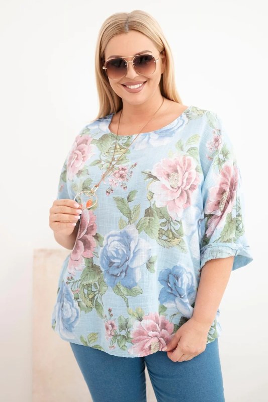 Dámská bavlněná halenka Plus Size s krátkým rukávem a květinovým vzorem modrá