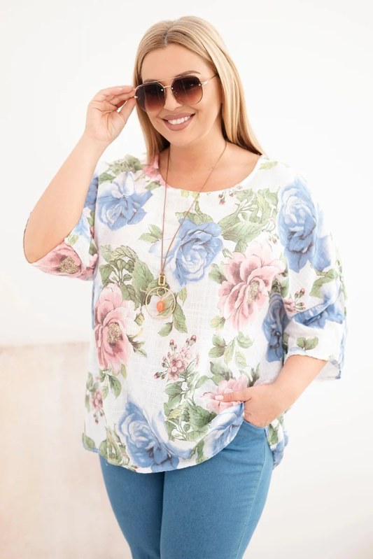 Dámská bavlněná halenka Plus Size s krátkým rukávem a květinovým vzorem bílá
