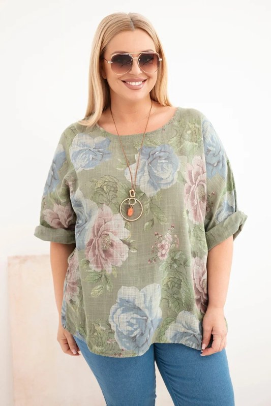 Dámská bavlněná halenka Plus Size s&nbsp;krátkým rukávem a&nbsp;květinovým vzorem khaki - Dámské oblečení košile a&nbsp;halenky