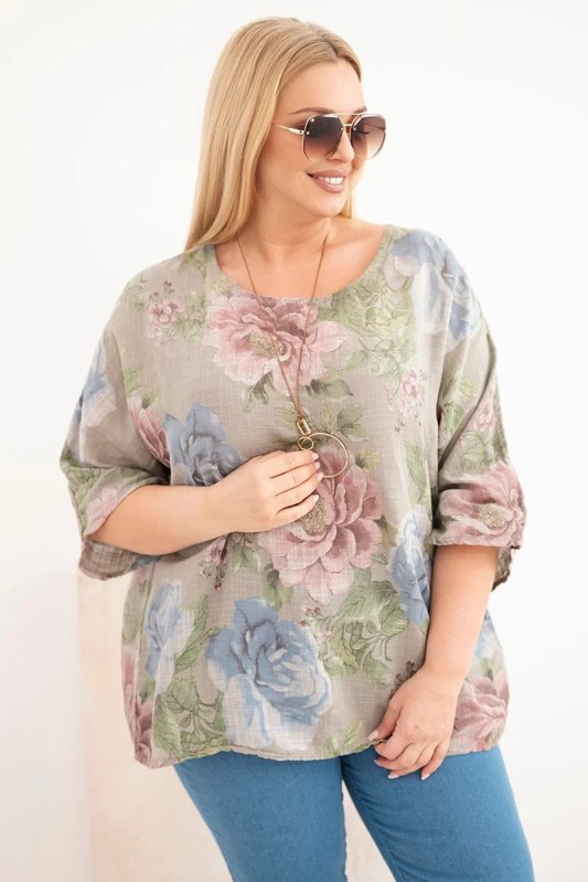 Dámská bavlněná halenka Plus Size s krátkým rukávem a květinovým vzorem fango