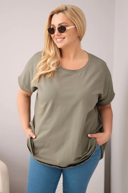 Dámská halenka Plus Size bavlněná s&nbsp;krátkým rukávem khaki - Dámské oblečení košile a&nbsp;halenky