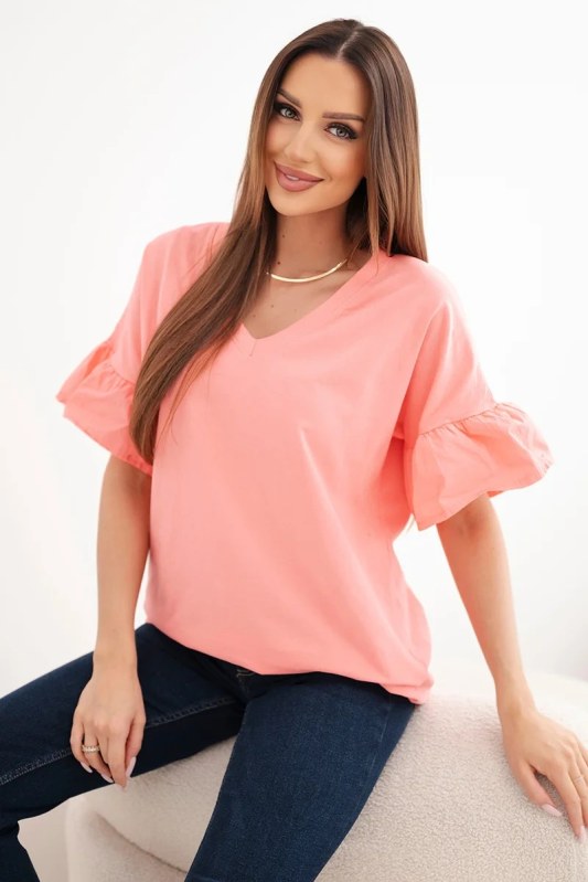 Dámská bavlněná halenka s výstřihem do V růžová