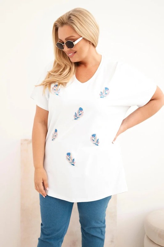 Dámská bavlněná halenka Plus Size s&nbsp;peříčky bílá - Dámské oblečení košile a&nbsp;halenky