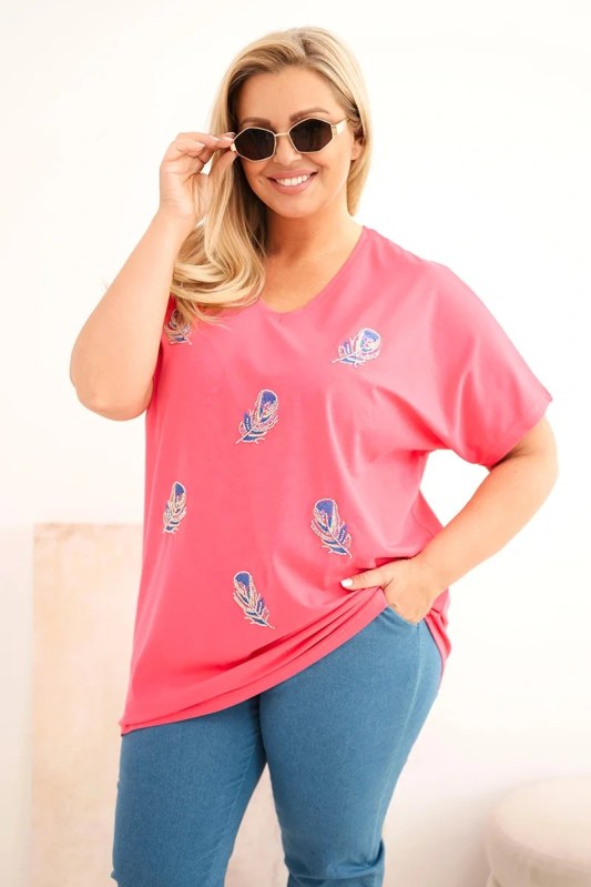 Dámská bavlněná halenka Plus Size s peříčky růžová