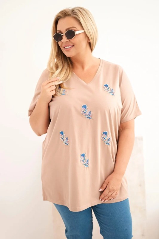 Dámská bavlněná halenka Plus Size s peříčky velbloudí