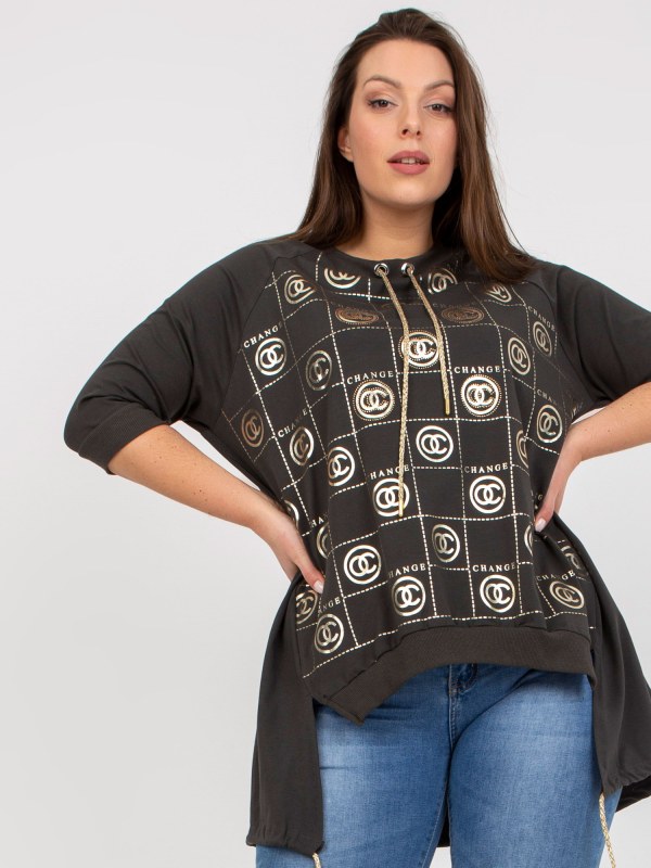 Khaki asymetrická halenka plus size velikosti s potiskem - Dámské oblečení košile a halenky