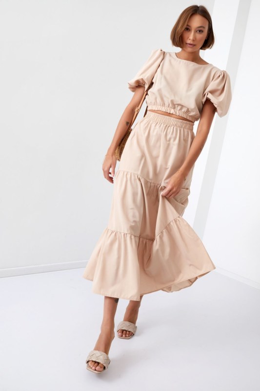 Dámská letní setová halenka se sukní béžové barvy - Dámské oblečení košile a halenky