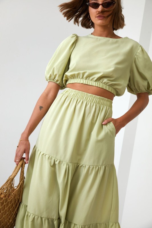 Dámská letní setová halenka se sukní ve světlé khaki barvě - Dámské oblečení košile a halenky