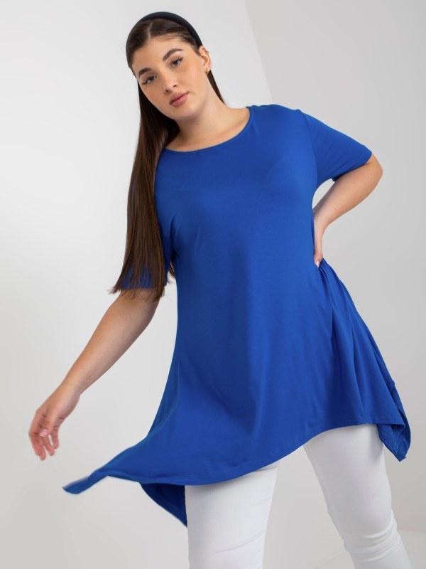 Tmavě modrá jednobarevná halenka plus size s krátkým rukávem - Dámské oblečení košile a halenky