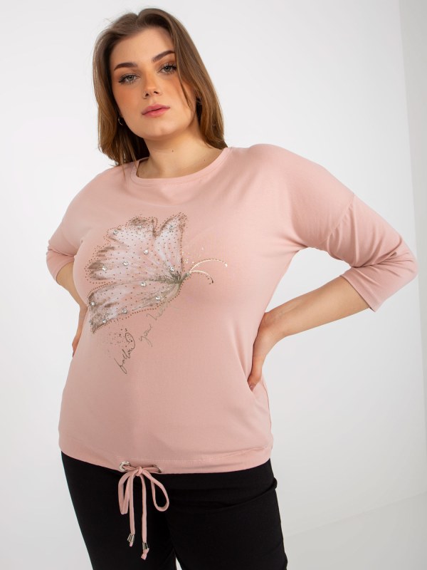 Světle růžová halenka plus size s potiskem a aplikací - Dámské oblečení košile a halenky