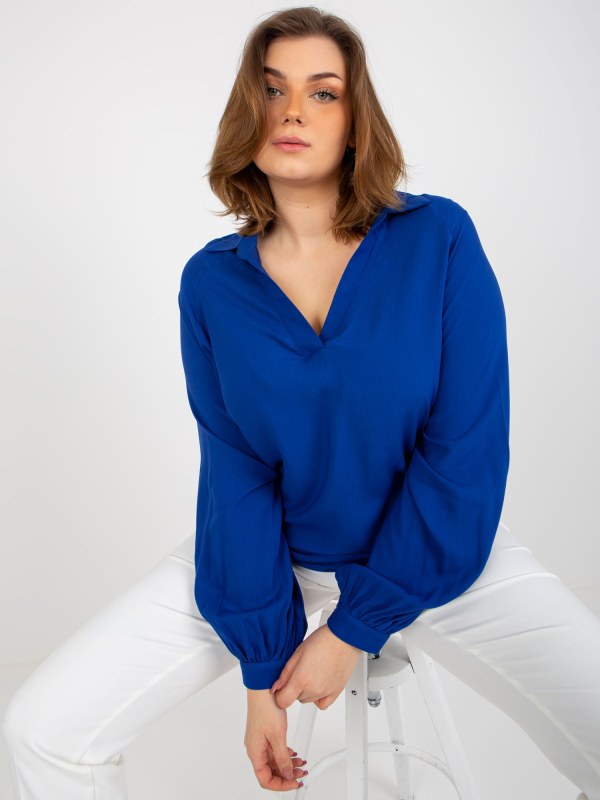 Tmavě modrá košilová halenka plus velikosti s límečkem - Dámské oblečení košile a halenky