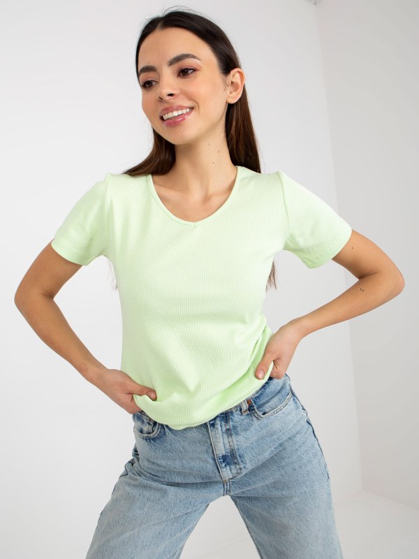 Základní limetkově zelená žebrovaná halenka s krátkým rukávem - Dámské oblečení košile a halenky