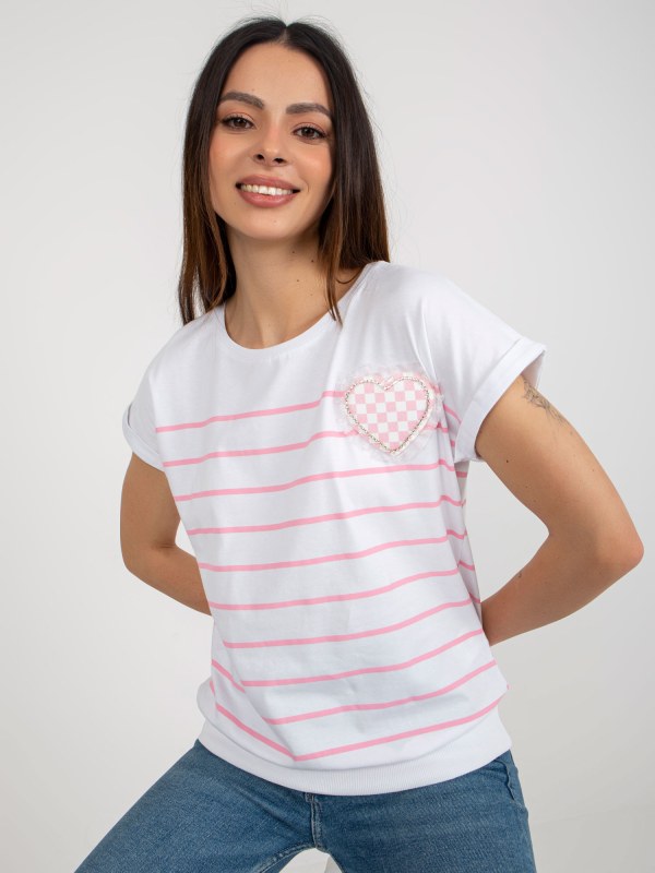 Dámská bílo-růžová proužkovaná halenka s aplikací - Dámské oblečení košile a halenky