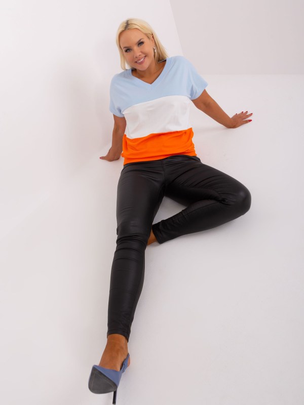 Světle modrá a oranžová proužkovaná halenka plus size velikosti - Dámské oblečení košile a halenky
