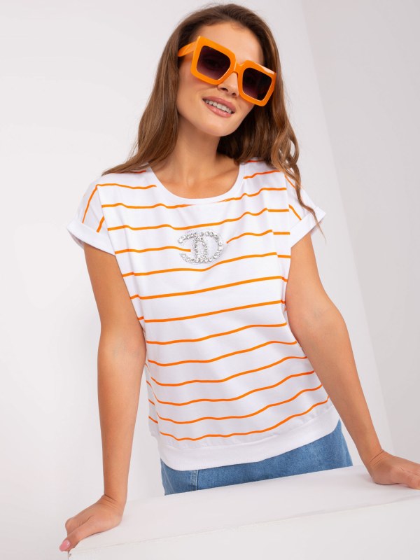 Ecru-oranžová proužkovaná halenka s aplikacemi - Dámské oblečení košile a halenky