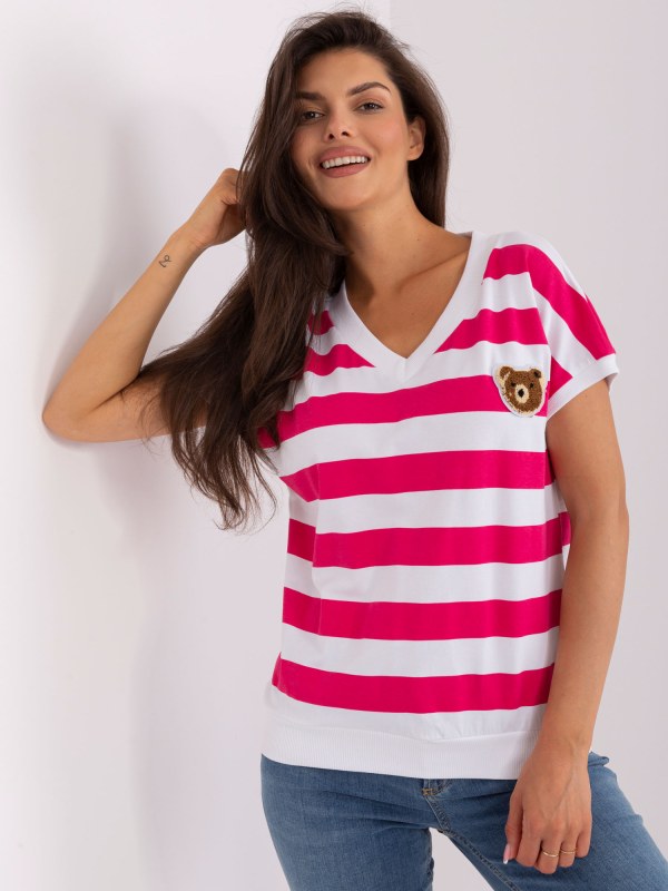 Dámská bílo-růžová proužkovaná halenka s nášivkou - Dámské oblečení košile a halenky