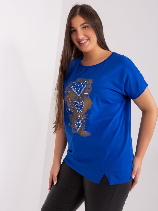 Kobaltově modrá halenka plus velikosti s krátkým rukávem - Dámské oblečení košile a halenky