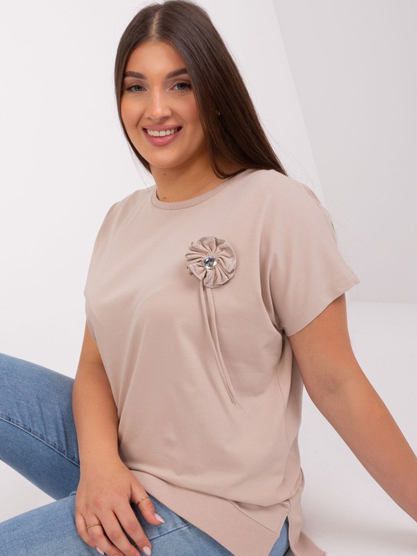 Béžová dámská halenka plus size s krátkým rukávem - Dámské oblečení košile a halenky