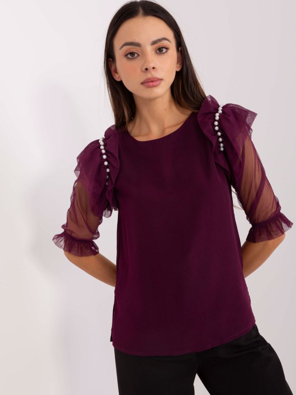 Tmavě fialová společenská halenka s rozparky - Dámské oblečení košile a halenky