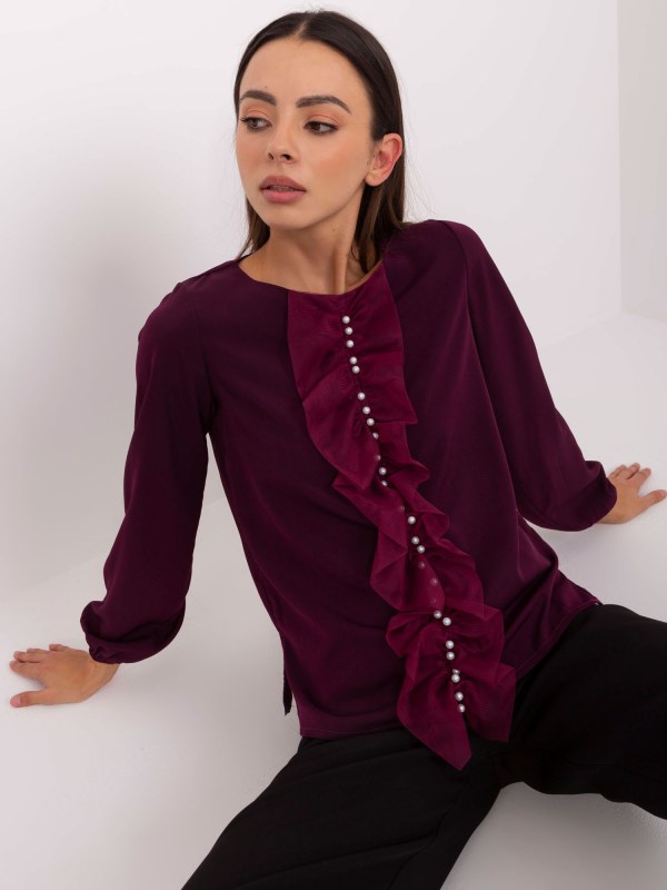 Tmavě fialová společenská halenka s perlami - Dámské oblečení košile a halenky