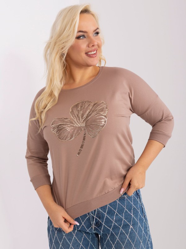 Tmavě béžová dámská halenka plus size s 3/4 rukávem - Dámské oblečení košile a halenky