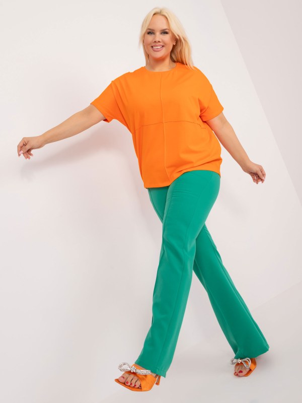 Fluo oranžová halenka plus size s kulatým výstřihem - Dámské oblečení košile a halenky