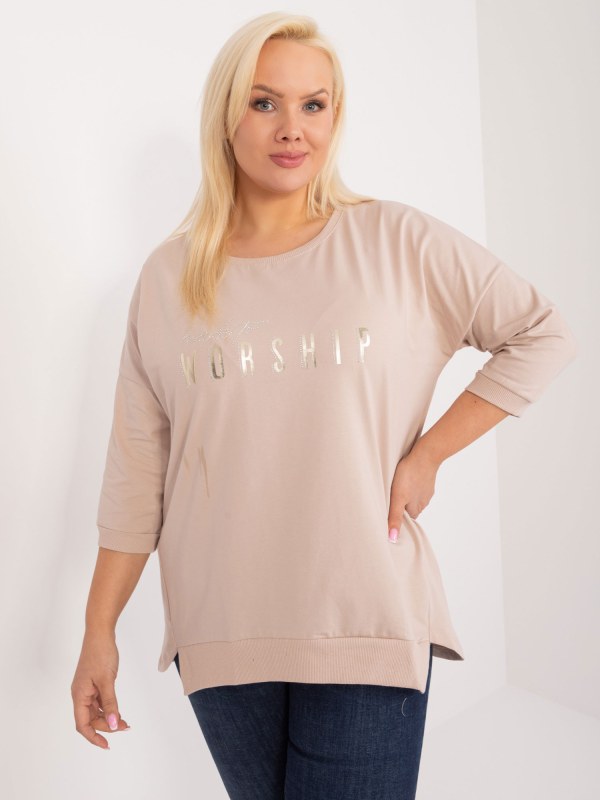 Béžová blůza plus size s nápisem - Dámské oblečení košile a halenky